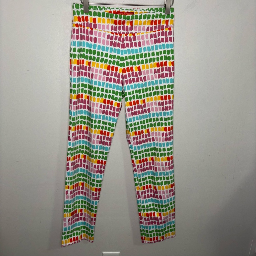 Krazy Larry funky skinny ankle pants rainbow mosaic pink green aqua print size 4